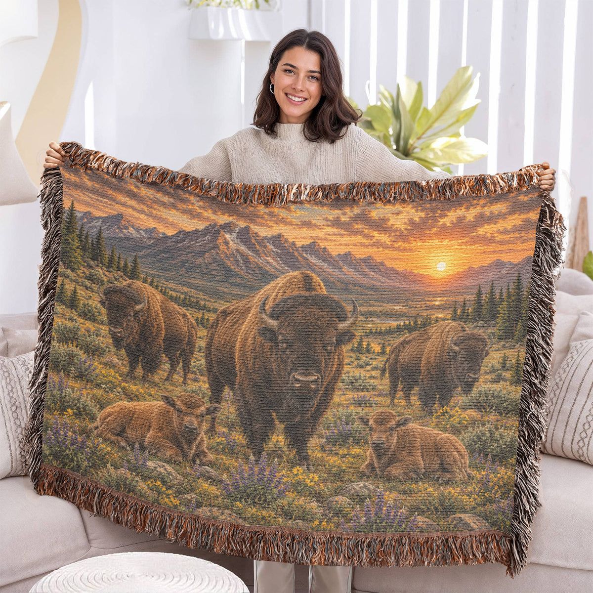 Bison Family Woven Blanket – Western Mountain Sunset Throw, Rustic Wildlife Decor