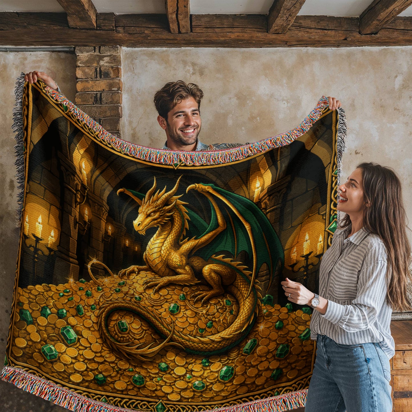 Golden Dragon Woven Blanket – Fantasy Castle Treasure Throw