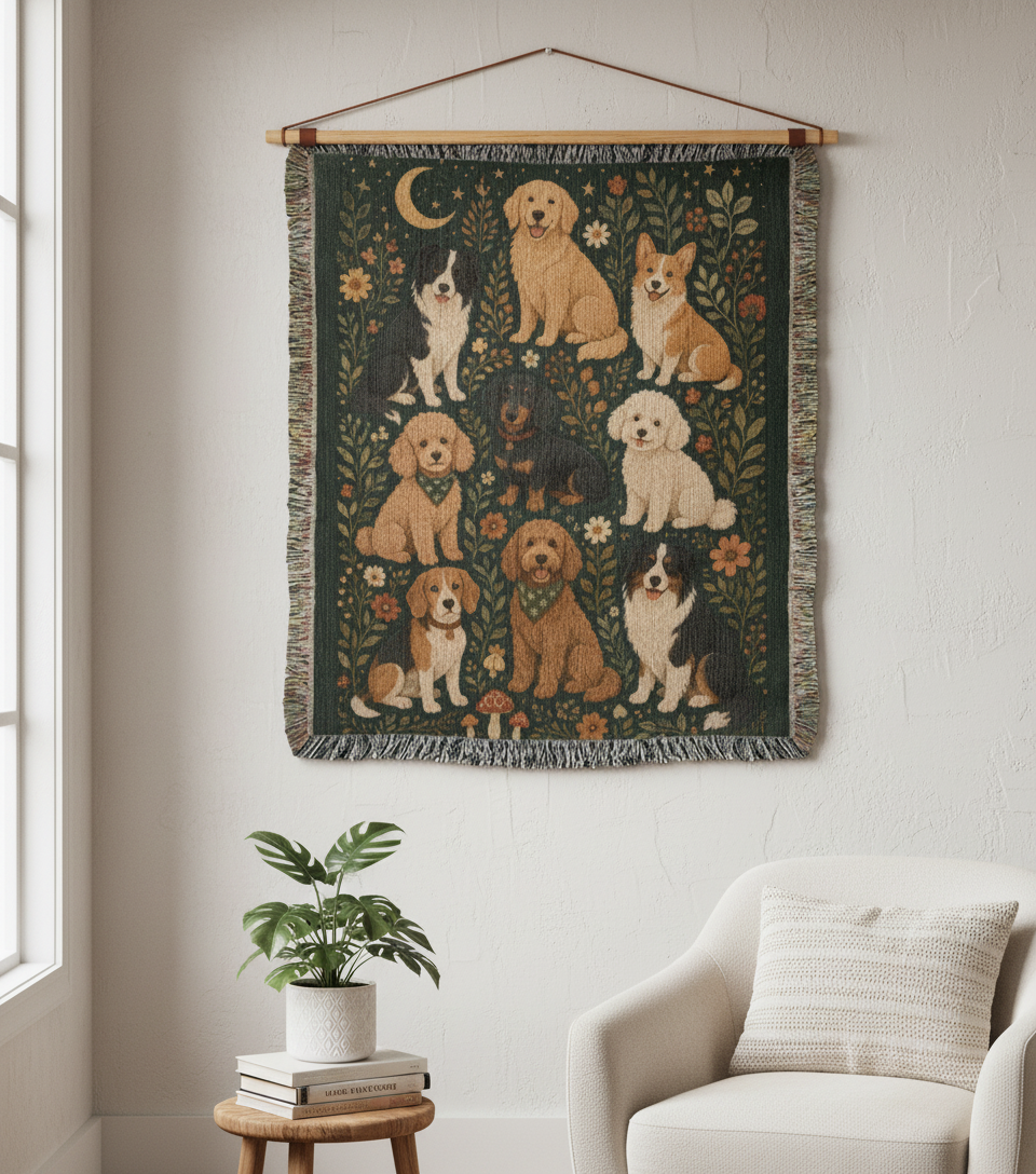 Dog Lover Woven Blanket | Floral Woodland Dogs Throw