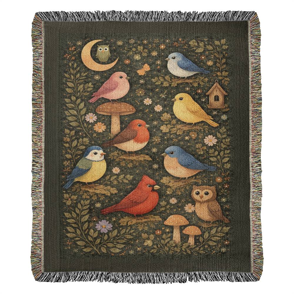 Bird Vintage Heirloom Woven Blanket – 100% Cotton Botanical Tapestry Throw