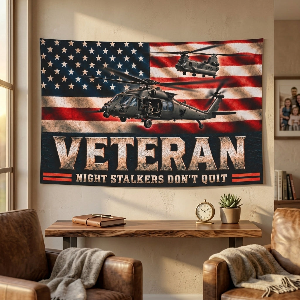 Night Stalkers Veteran Flag – Military Helicopter Patriotic Flag – “Night Stalkers Don’t Quit” Veteran Gift