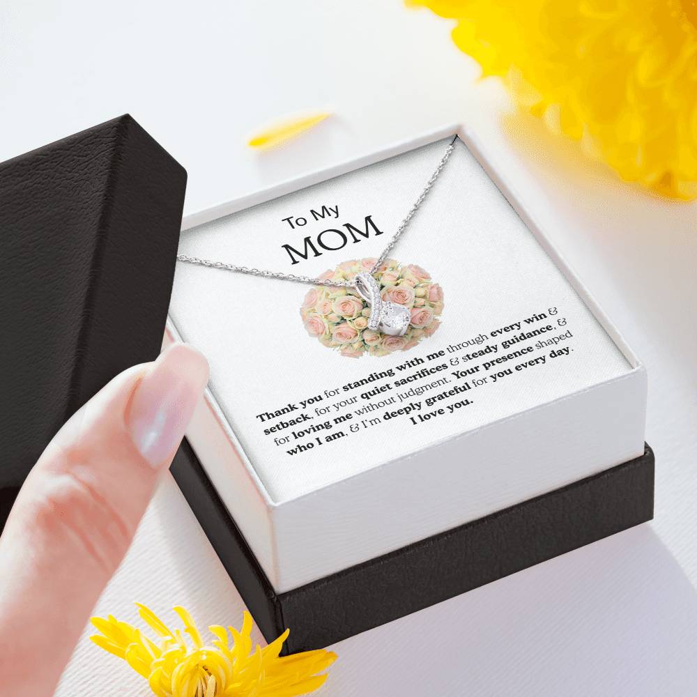 To My Mom Ribbon Love Bond Necklace, Gold or Silver Pendant, Mother’s Day, Birthday, Just Because Gift