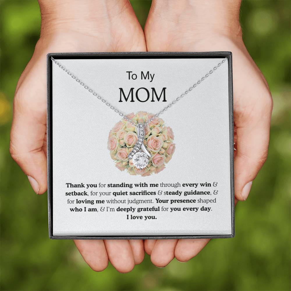 To My Mom Ribbon Love Bond Necklace, Gold or Silver Pendant, Mother’s Day, Birthday, Just Because Gift