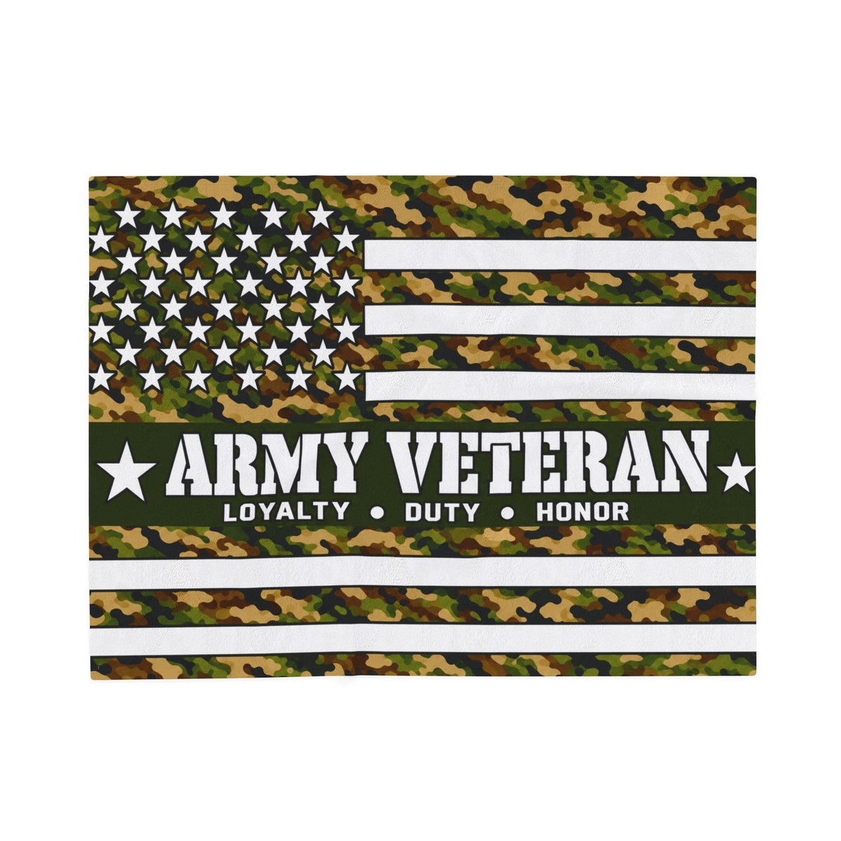 Army Veteran Velveteen Blanket – Woodland Camo, Loyalty Duty Honor | Military Retirement Gift
