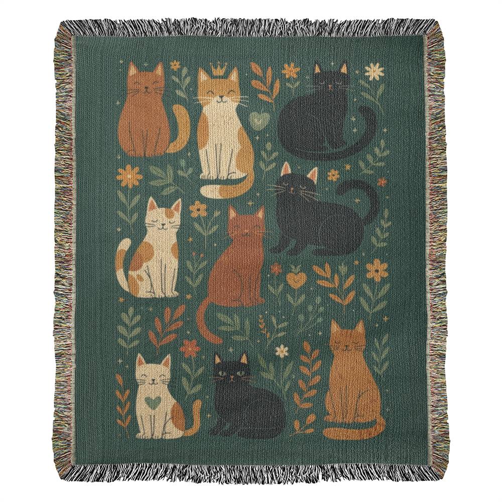 Vintage Style Cat Woven Blanket – 100% Cotton Tapestry Throw with Fringe