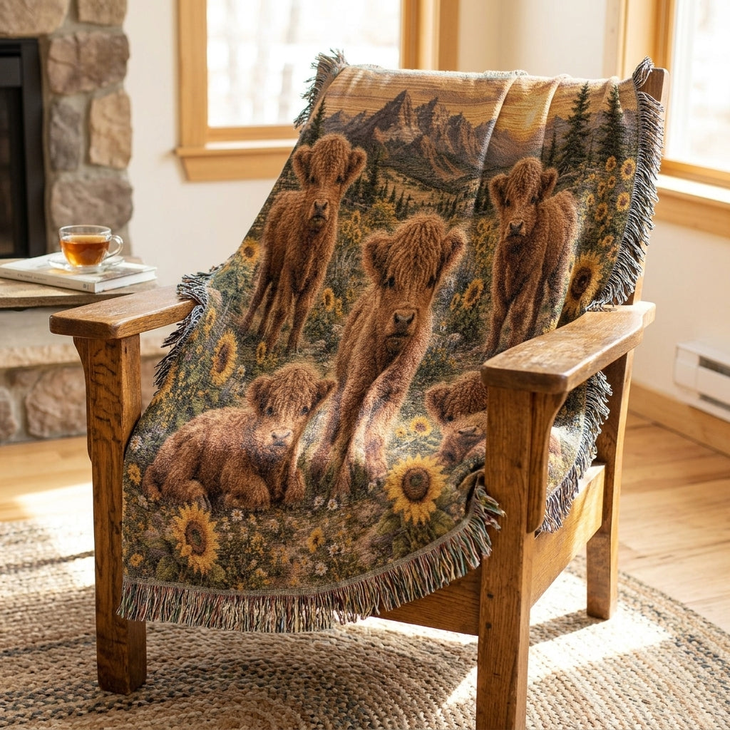 Highland Cow Woven Blanket – Sunflower Calf Throw, Rustic Farmhouse Decor
