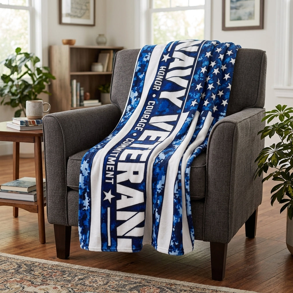 Navy Veteran Velveteen Blanket – Blue Digital Camo | US Navy Retirement & Military Appreciation Gift