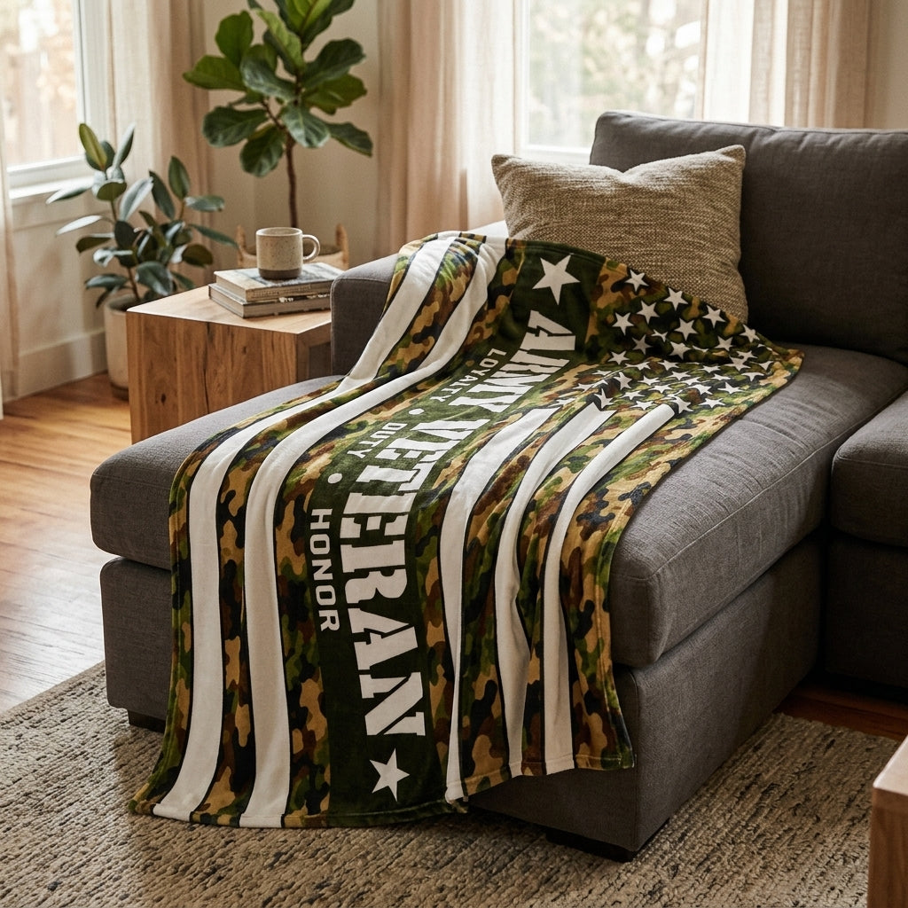 Army Veteran Velveteen Blanket – Woodland Camo, Loyalty Duty Honor | Military Retirement Gift