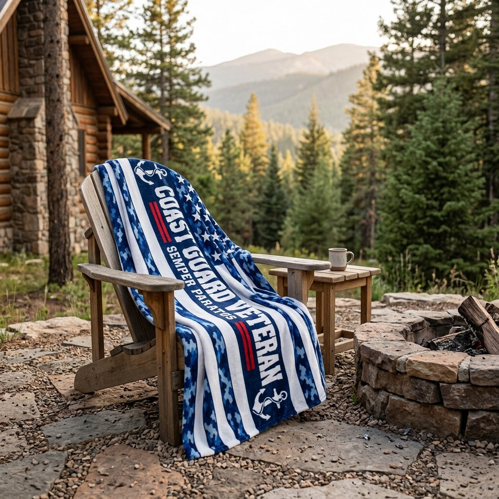 Coast Guard Veteran Velveteen Blanket – Semper Paratus, Blue Camo | USCG Military Retirement Gift