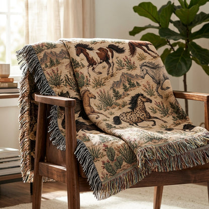Western Horse Woven Blanket – Galloping Horses Desert Throw, Rustic Ranch Decor