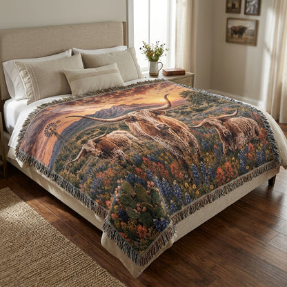 Texas Longhorn Woven Blanket – Western Sunset Throw, Bluebonnet Ranch Decor