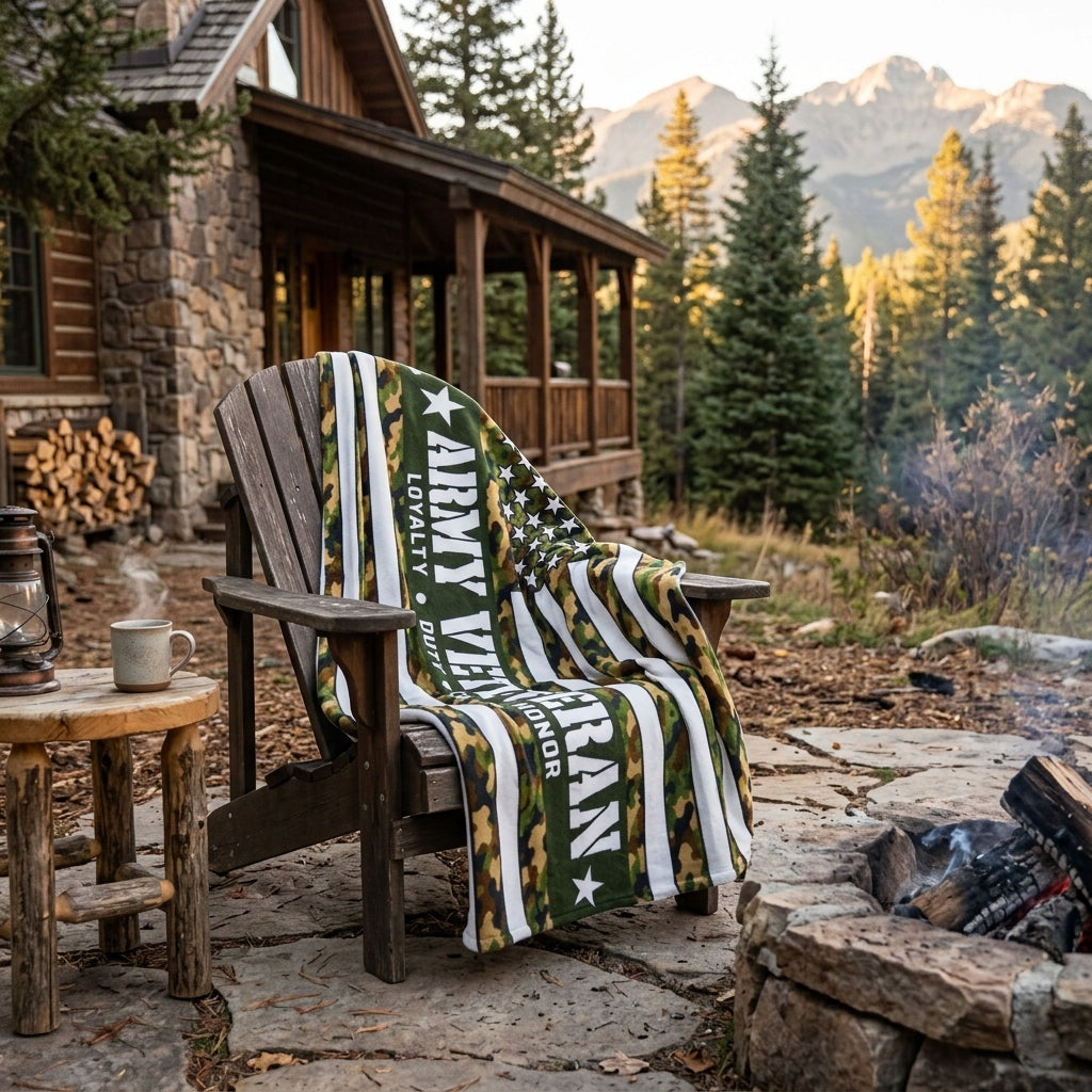 Army Veteran Velveteen Blanket – Woodland Camo, Loyalty Duty Honor | Military Retirement Gift