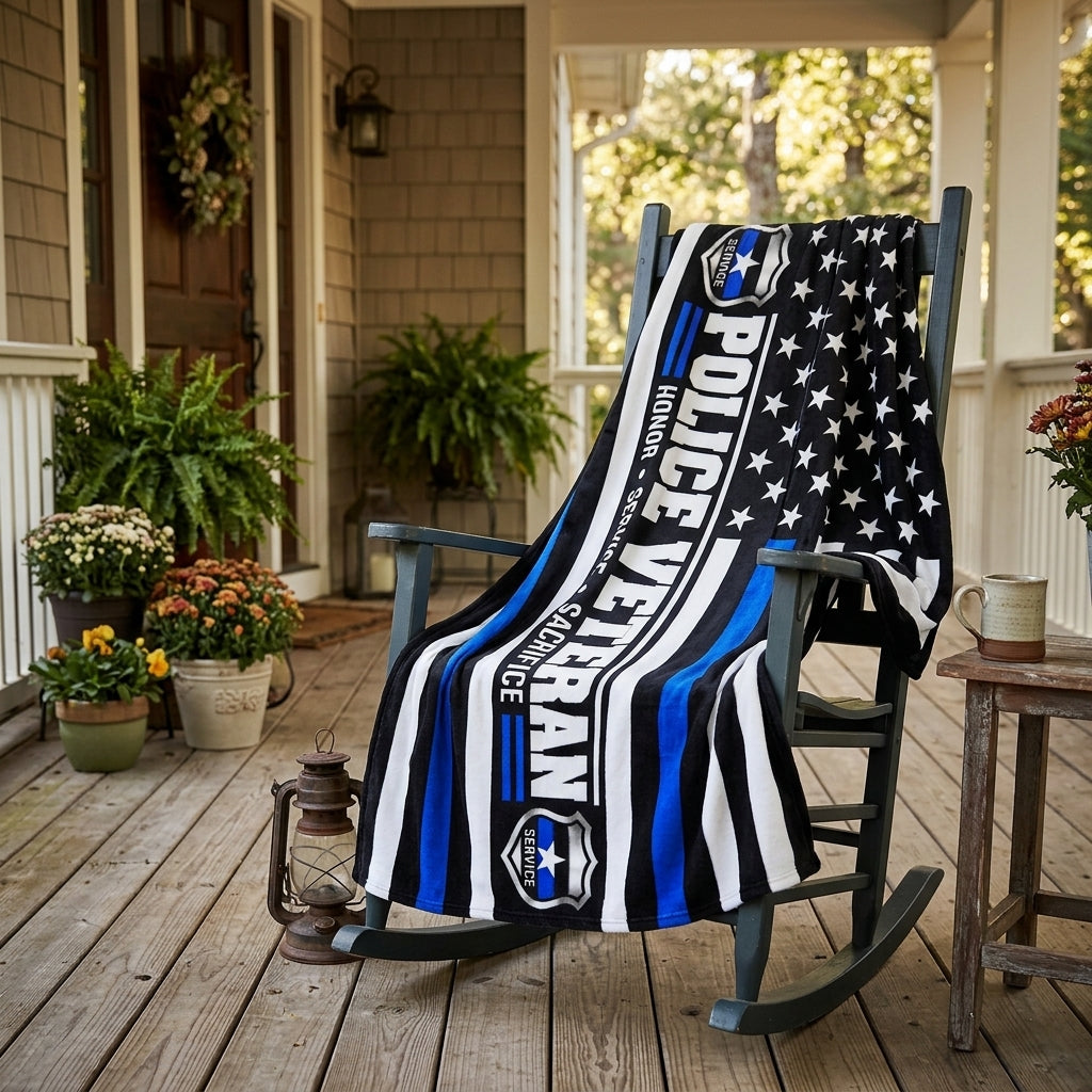 Police Veteran Velveteen Blanket – Thin Blue Line, Honor Service Sacrifice | Retired Police Officer Gift