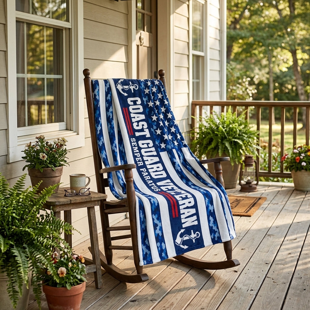 Coast Guard Veteran Velveteen Blanket – Semper Paratus, Blue Camo | USCG Military Retirement Gift