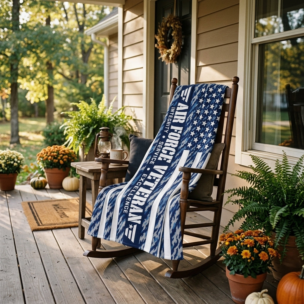 Air Force Veteran Velveteen Blanket – Blue Camo Patriotic Throw | USAF Retirement Gift