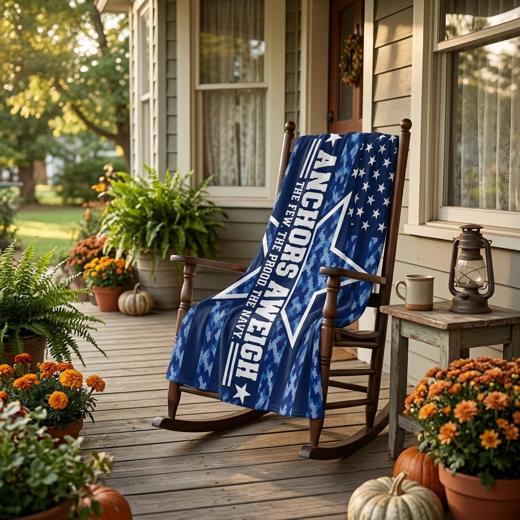 Anchors Aweigh Navy Velveteen Blanket – Blue Camo Patriotic Throw | US Navy Veteran Gift