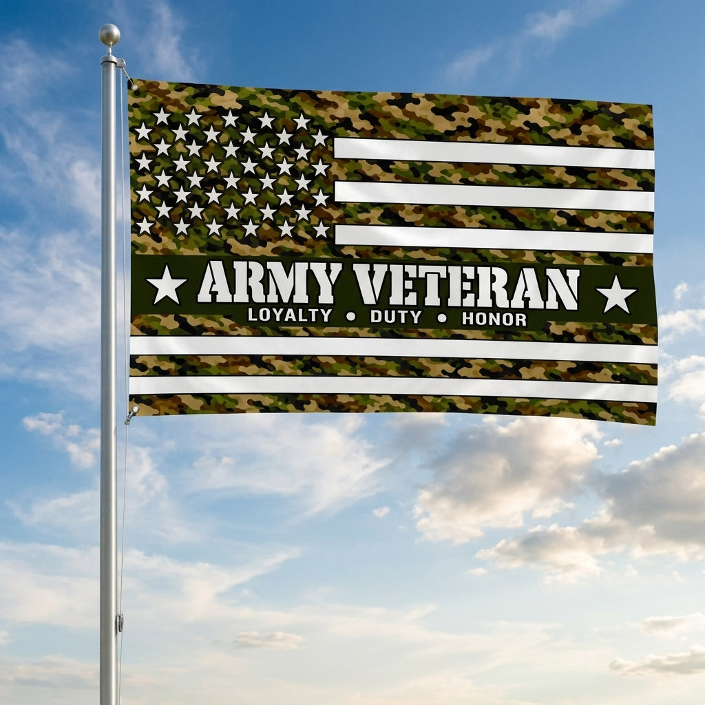Army Veteran Flag – Camouflage Military Flag | Loyalty Duty Honor