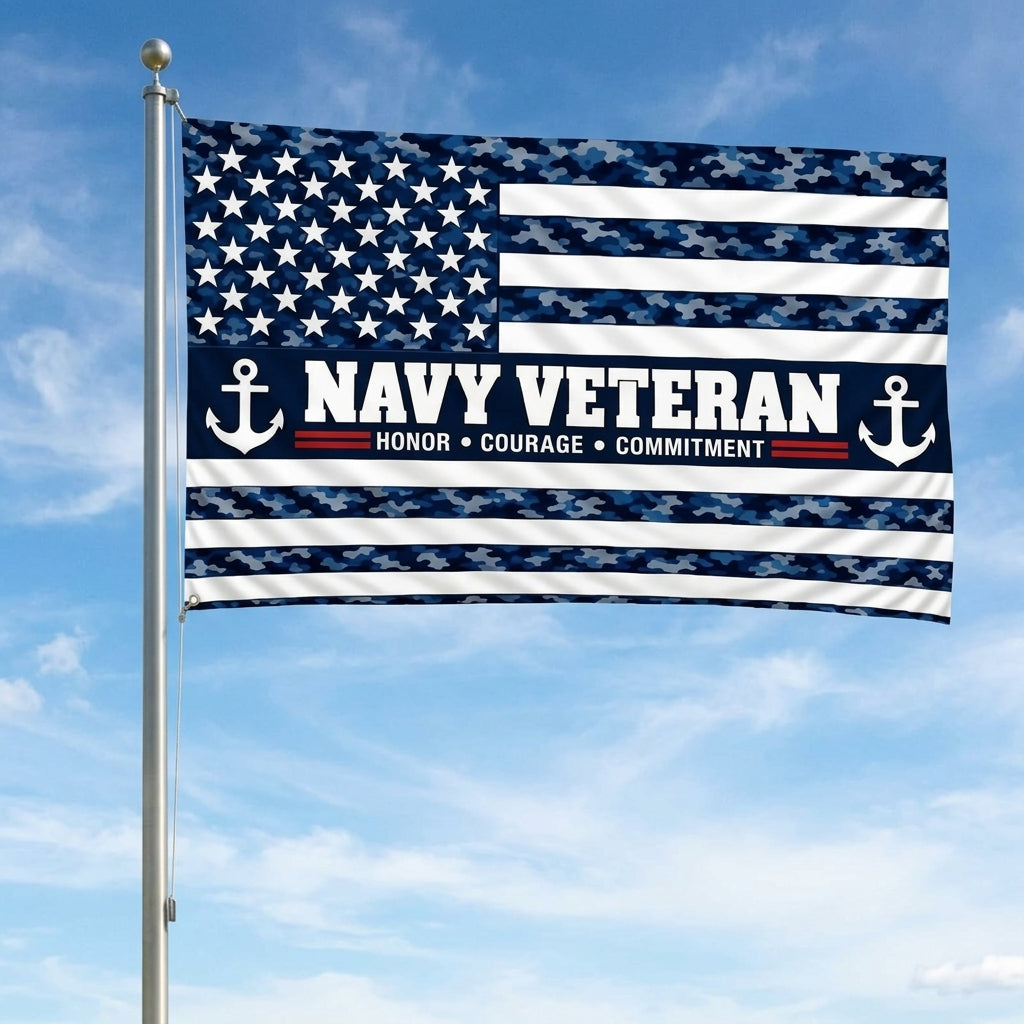 Navy Veteran Flag – Blue Camo Military Flag | Honor Courage Commitment