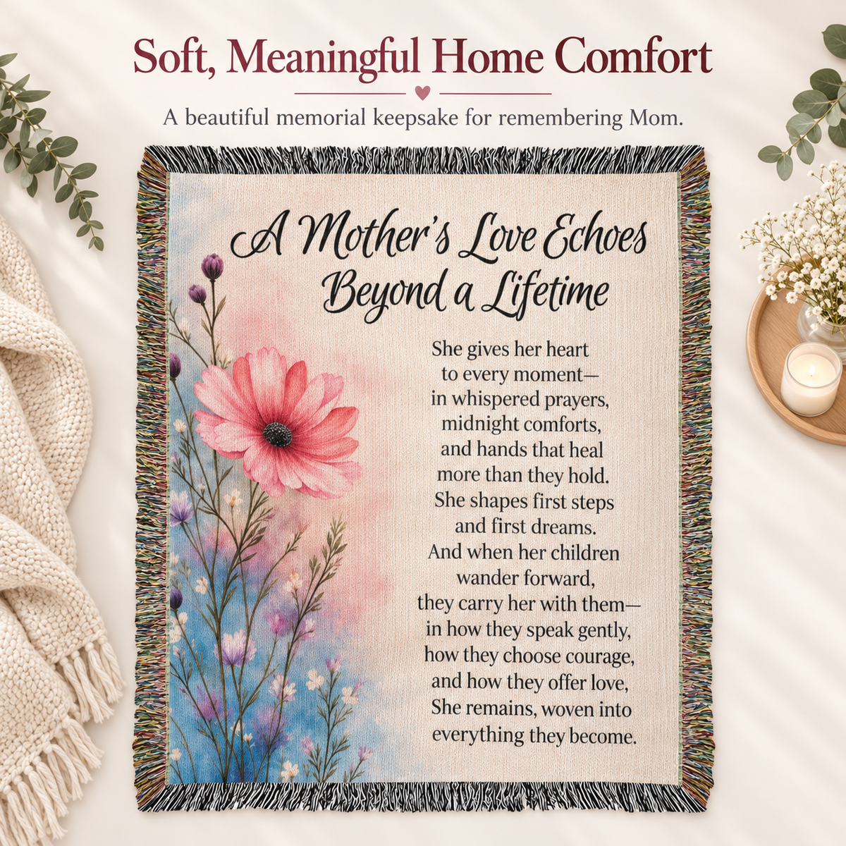 A Mother's Love Echoes Beyond a Lifetime Woven Memorial Blanket