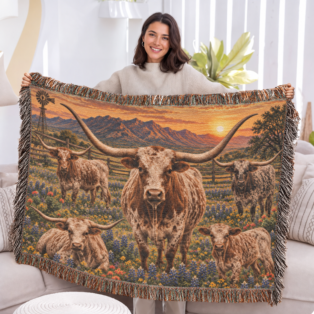 Texas Longhorn Family Woven Blanket – Western Bluebonnet Ranch Throw