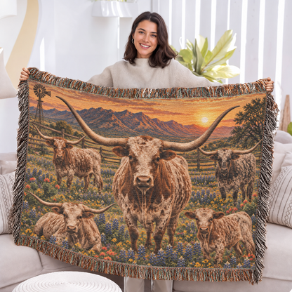 Texas Longhorn Family Woven Blanket – Western Bluebonnet Ranch Throw