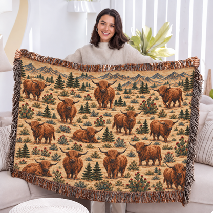 Highland Cow Woven Blanket – Rustic Western Ranch Throw, Neutral Farmhouse Decor