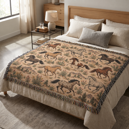 Western Horse Woven Blanket – Galloping Horses Desert Throw, Rustic Ranch Decor