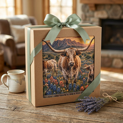 Texas Longhorn Woven Blanket – Western Sunset Throw, Bluebonnet Ranch Decor