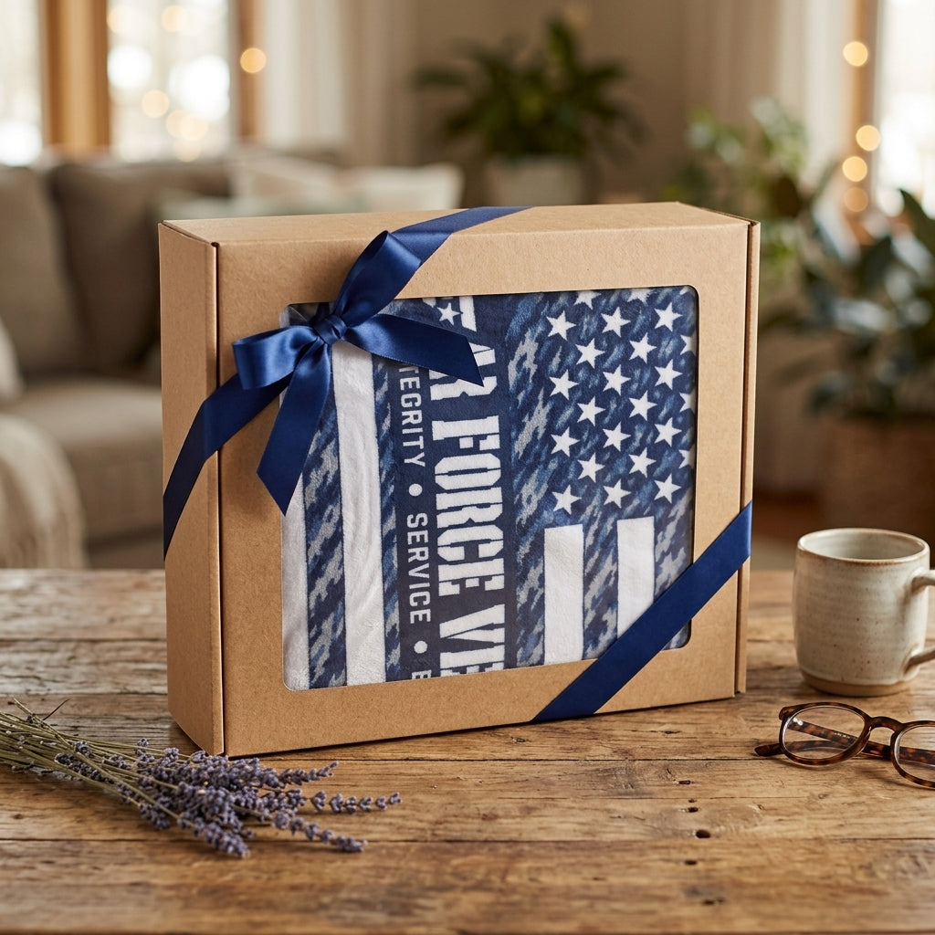 Air Force Veteran Velveteen Blanket – Blue Camo Patriotic Throw | USAF Retirement Gift