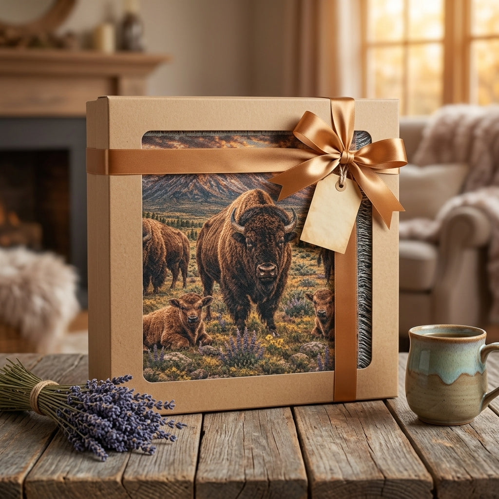 Bison Family Woven Blanket – Western Mountain Sunset Throw, Rustic Wildlife Decor