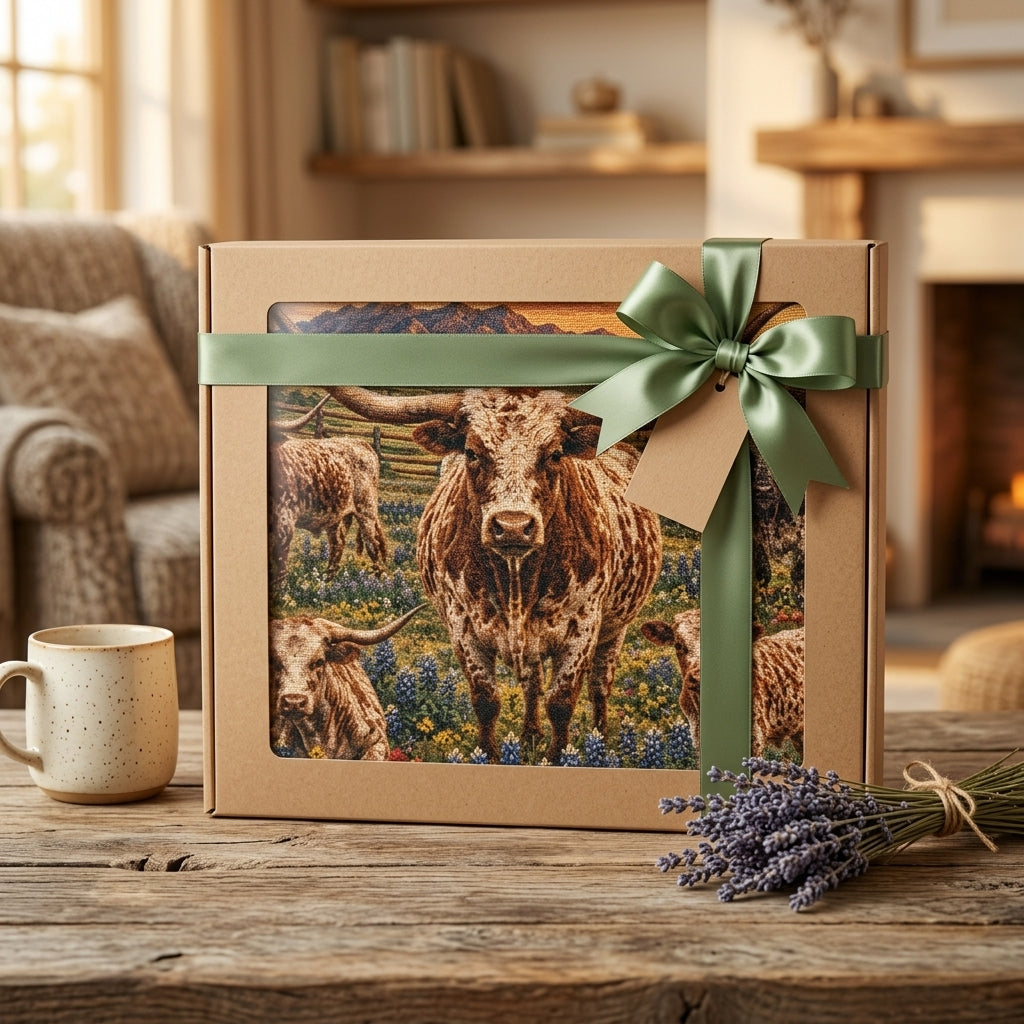 Texas Longhorn Family Woven Blanket – Western Bluebonnet Ranch Throw