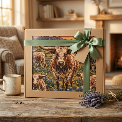 Texas Longhorn Family Woven Blanket – Western Bluebonnet Ranch Throw