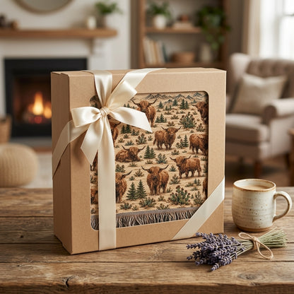 Highland Cow Woven Blanket – Rustic Western Ranch Throw, Neutral Farmhouse Decor