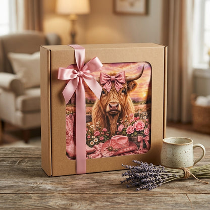 Cowgirl at Heart Woven Blanket – Highland Cow Western Throw, Pink Farmhouse Gift