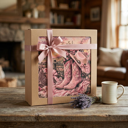 Pink Cowgirl Woven Blanket – Western Floral Throw, Cowboy Boots & Hat Farmhouse Decor