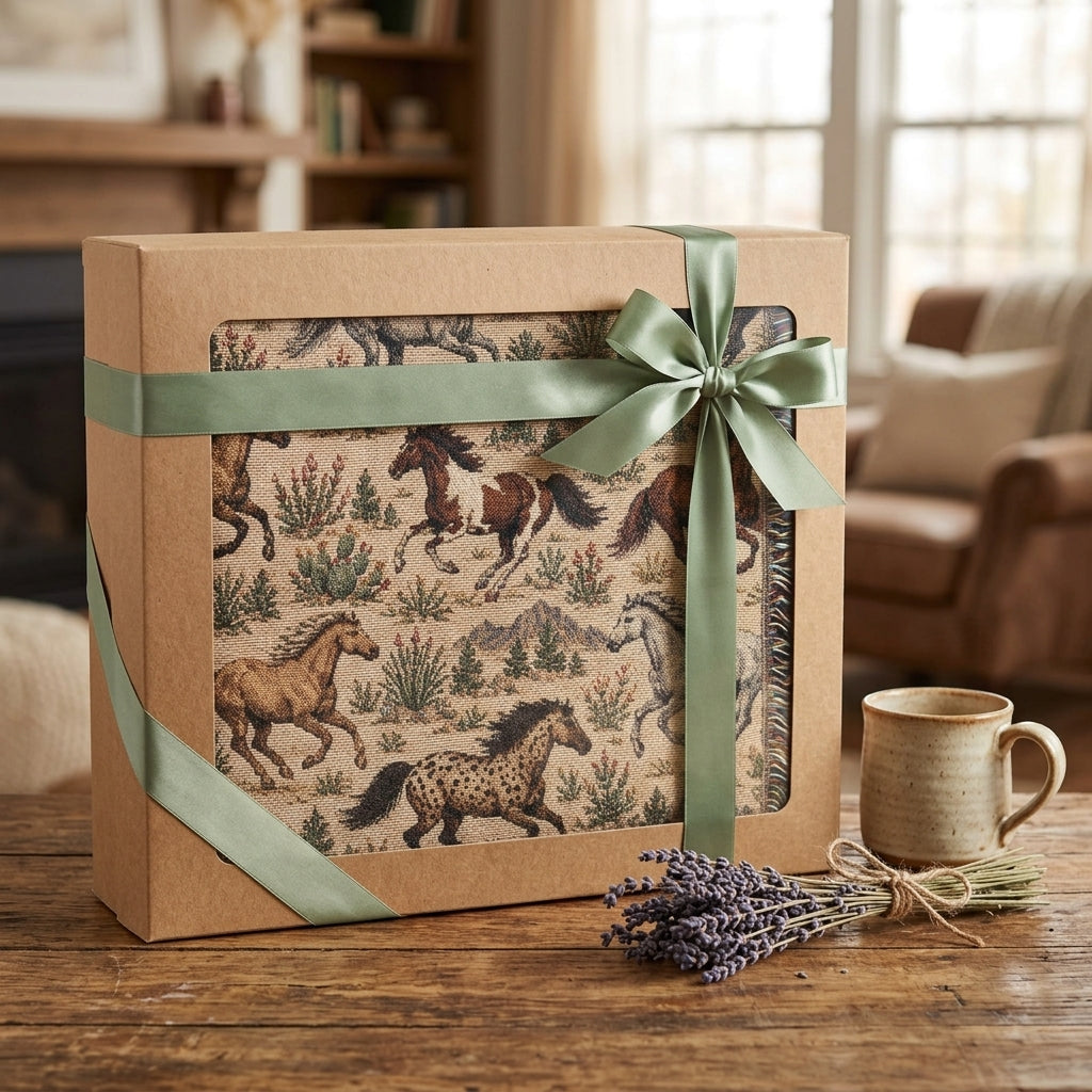Western Horse Woven Blanket – Galloping Horses Desert Throw, Rustic Ranch Decor