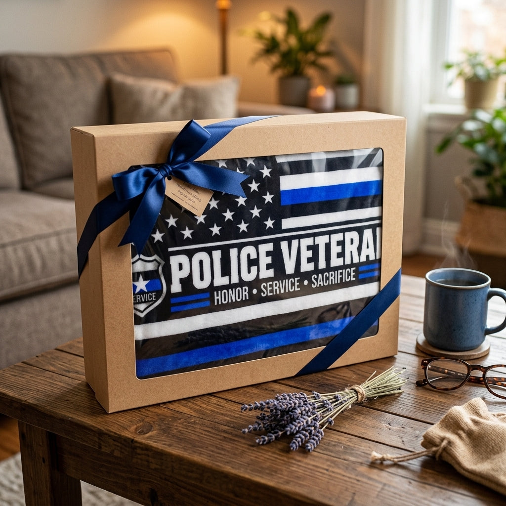 Police Veteran Velveteen Blanket – Thin Blue Line, Honor Service Sacrifice | Retired Police Officer Gift