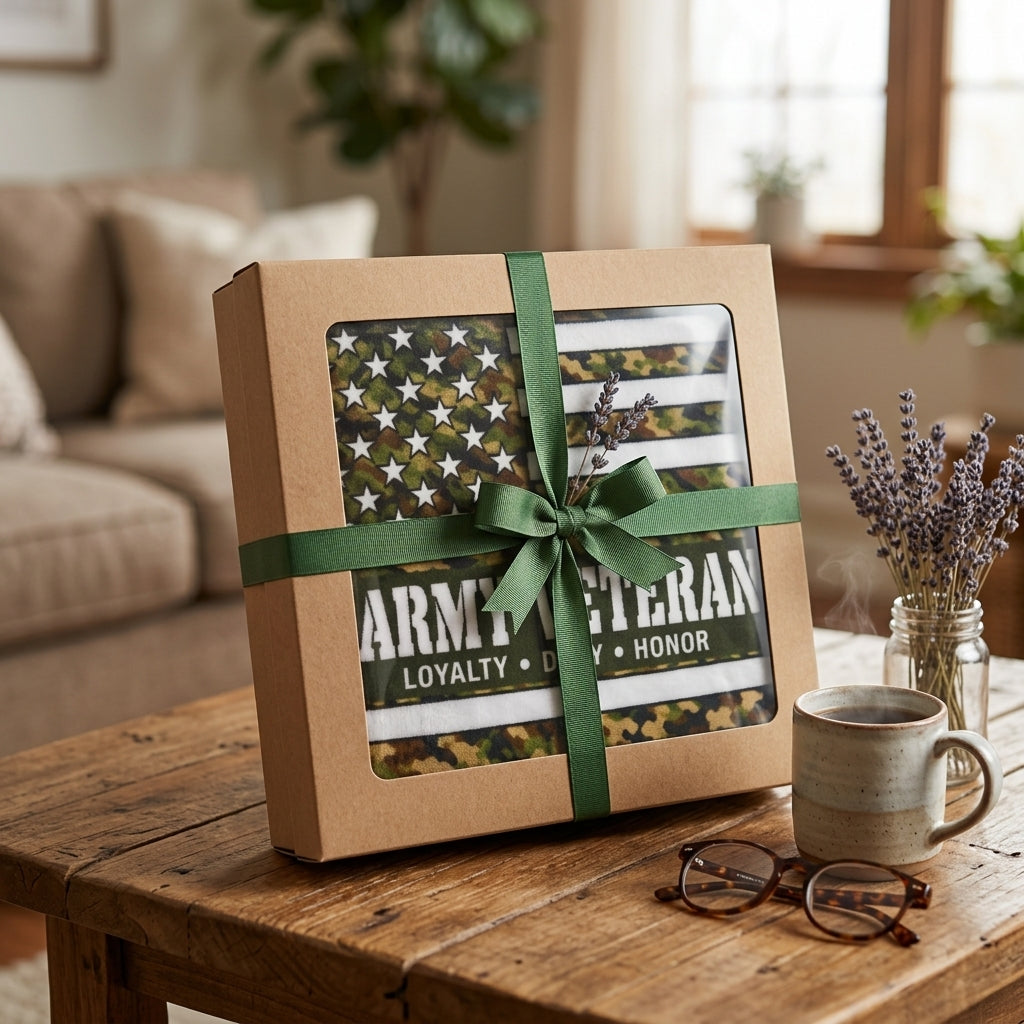 Army Veteran Velveteen Blanket – Woodland Camo, Loyalty Duty Honor | Military Retirement Gift