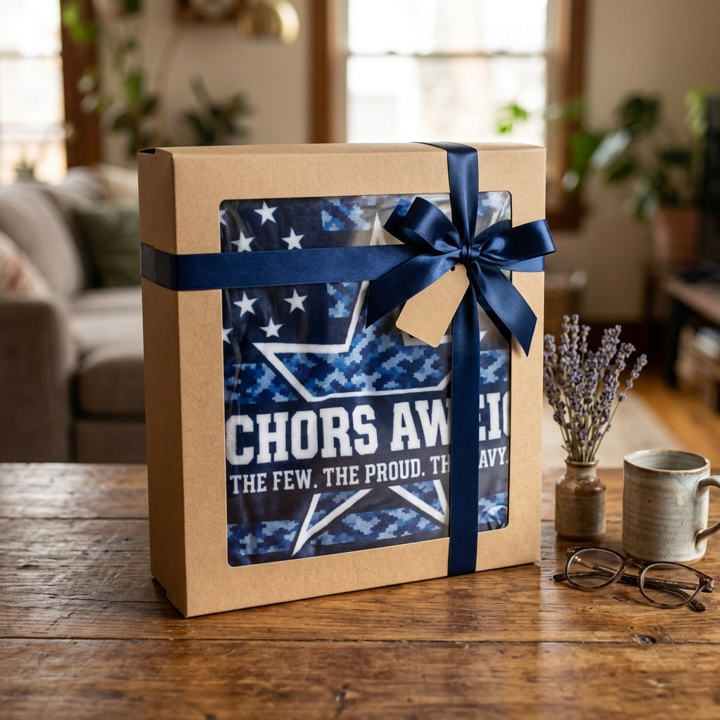 Anchors Aweigh Navy Velveteen Blanket – Blue Camo Patriotic Throw | US Navy Veteran Gift