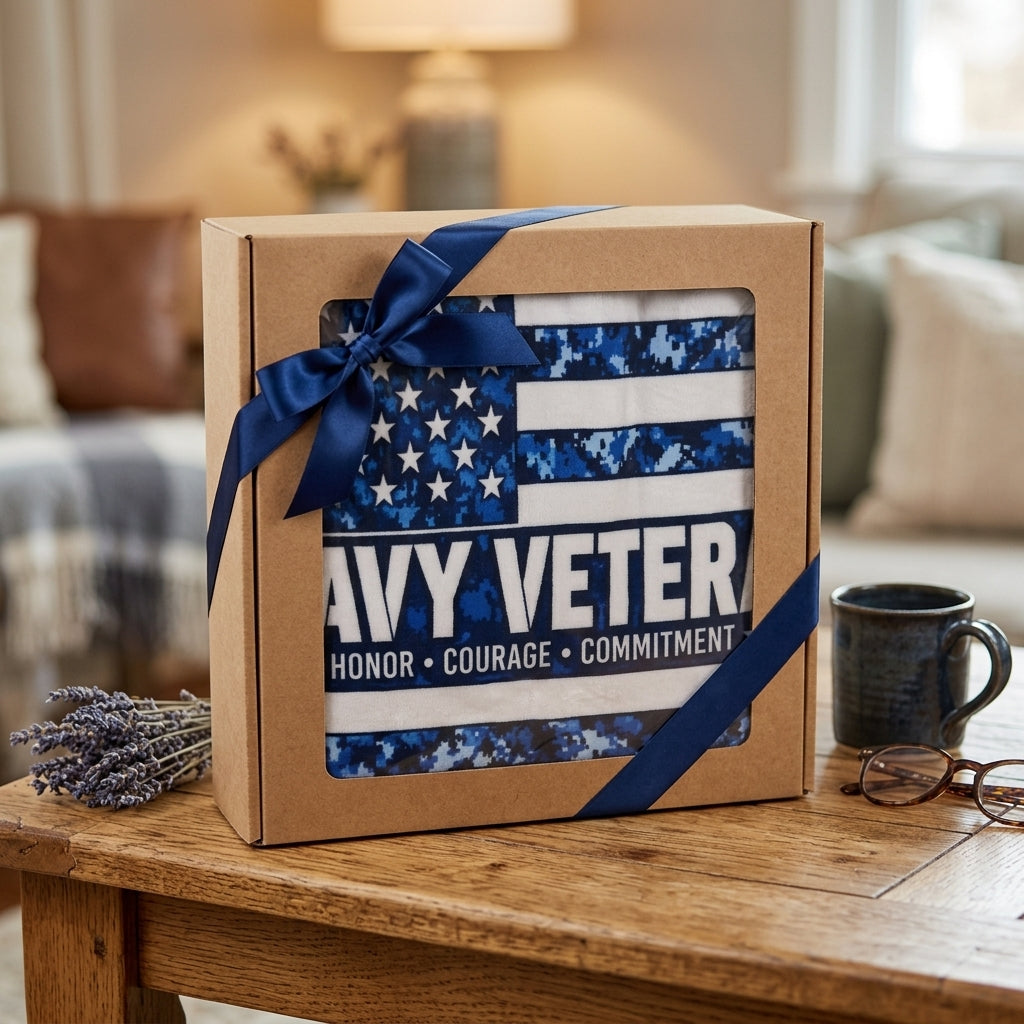 Navy Veteran Velveteen Blanket – Blue Digital Camo | US Navy Retirement & Military Appreciation Gift