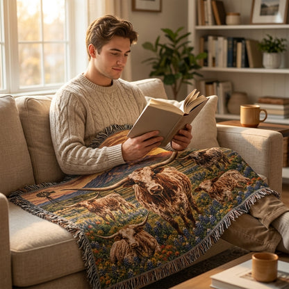 Texas Longhorn Family Woven Blanket – Western Bluebonnet Ranch Throw