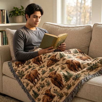 Highland Cow Woven Blanket – Rustic Western Ranch Throw, Neutral Farmhouse Decor