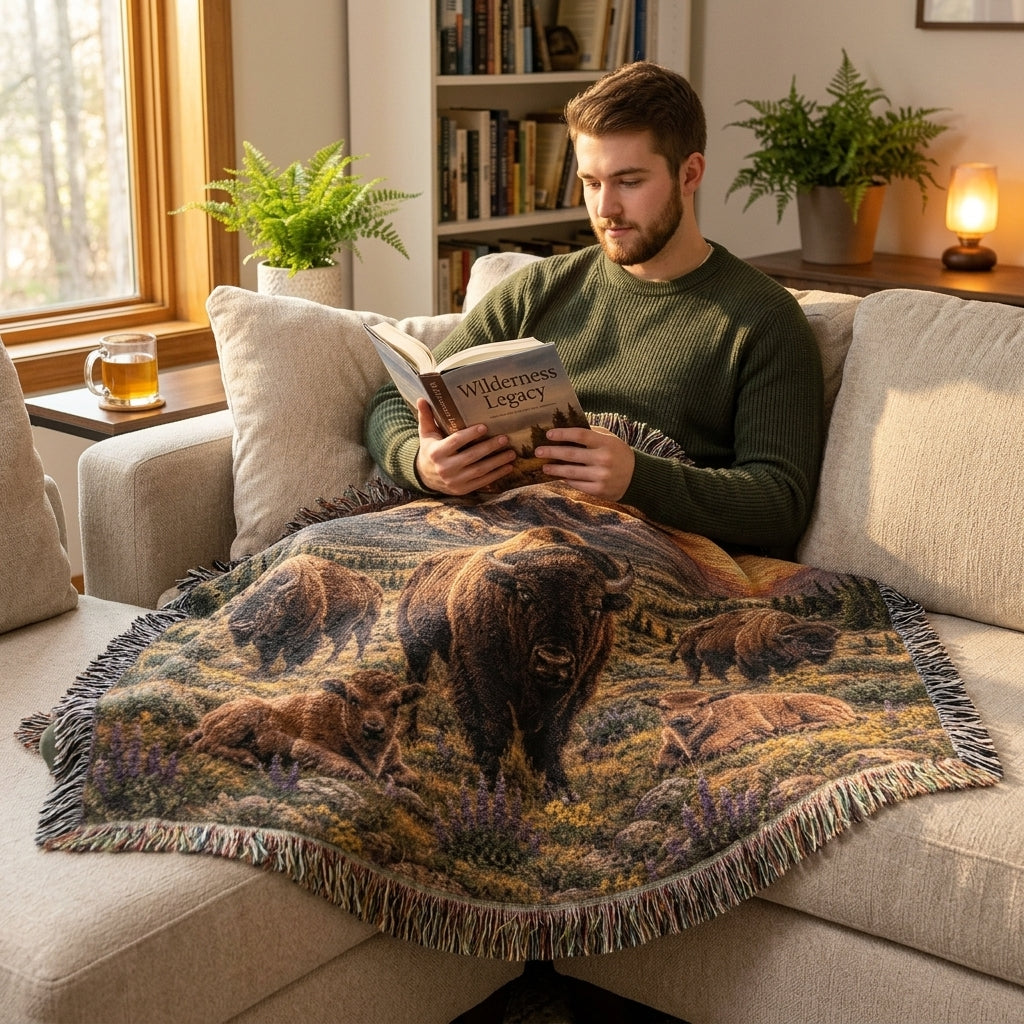 Bison Family Woven Blanket – Western Mountain Sunset Throw, Rustic Wildlife Decor