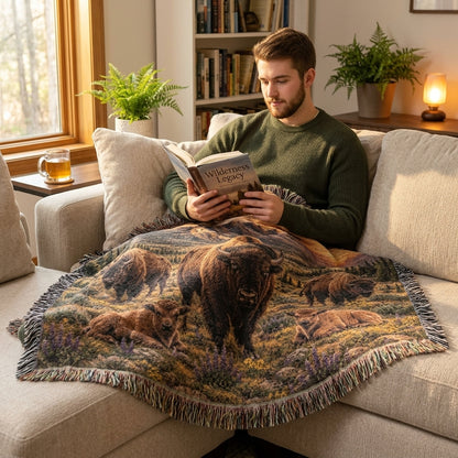 Bison Family Woven Blanket – Western Mountain Sunset Throw, Rustic Wildlife Decor
