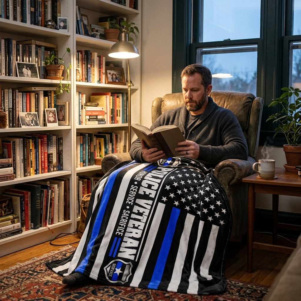 Police Veteran Velveteen Blanket – Thin Blue Line, Honor Service Sacrifice | Retired Police Officer Gift