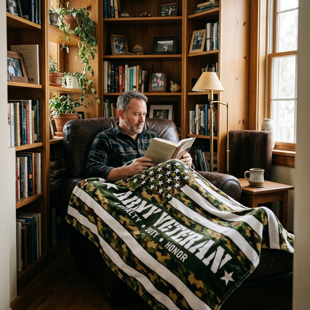 Army Veteran Velveteen Blanket – Woodland Camo, Loyalty Duty Honor | Military Retirement Gift