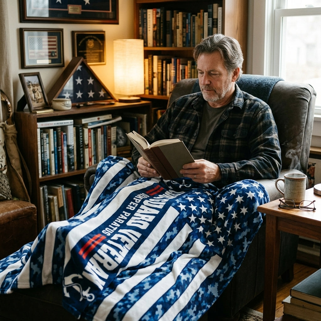 Coast Guard Veteran Velveteen Blanket – Semper Paratus, Blue Camo | USCG Military Retirement Gift