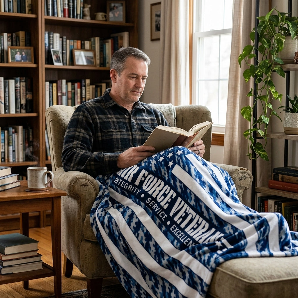 Air Force Veteran Velveteen Blanket – Blue Camo Patriotic Throw | USAF Retirement Gift