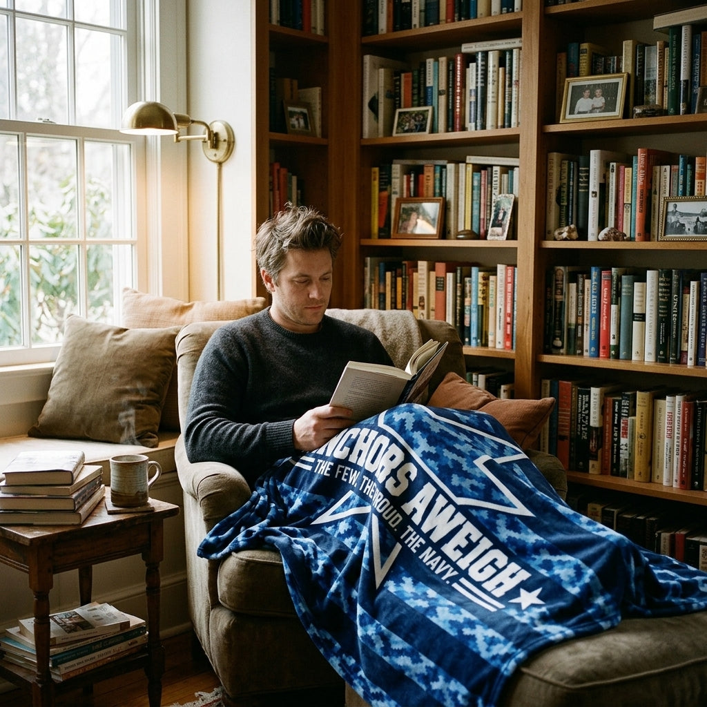 Anchors Aweigh Navy Velveteen Blanket – Blue Camo Patriotic Throw | US Navy Veteran Gift