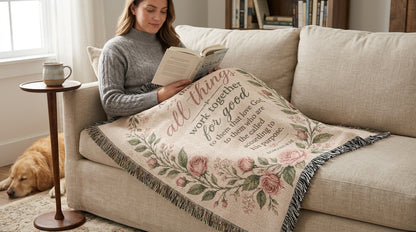 Romans 8:28 Woven Blanket | Floral Christian Gift